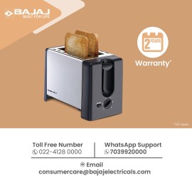 Bajaj ATX 3 750-Watt Pop-up Toaster, 2-Slice Automatic Pop up Toaster, Dust Cover - Slide Out Crumb Tray, 6-Level Browning Controls, Black and Silver