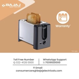 Bajaj ATX 3 750-Watt Pop-up Toaster, 2-Slice Automatic Pop up Toaster, Dust Cover - Slide Out Crumb Tray, 6-Level Browning Controls, Black and Silver