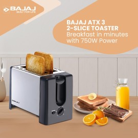 Bajaj ATX 3 750-Watt Pop-up Toaster, 2-Slice Automatic Pop up Toaster, Dust Cover - Slide Out Crumb Tray, 6-Level Browning Controls, Black and Silver