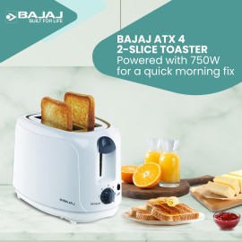 Bajaj ATX 4 750-Watt Pop-up Toaster, 2-Slice Automatic Pop up Toaster, Dust Cover - Slide Out Crumb Tray, 6-Level Browning Controls