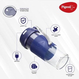 Pigeon Blendo USB rechargeable Personal Blender for Smoothies,Shakes with Juicer Cup Jar,330 ml,Blue,Medium