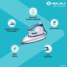 Bajaj Stainless Steel Majesty Dx-11 1000 Watts Dry Iron With Advance Soleplate And Anti-Bacterial German Coating Technology, White And Blue