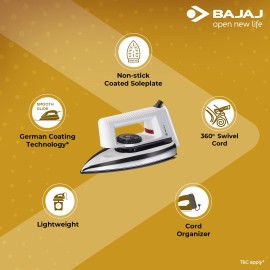 Bajaj Stainless Steel Popular Light Weight 1000W Dry Iron with Advance Soleplate and Anti-Bacterial German Coating Technology, White