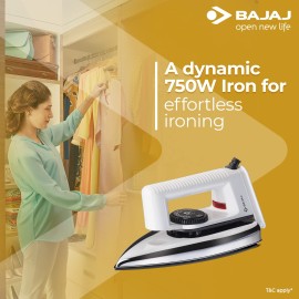 Bajaj Stainless Steel Popular Light Weight 1000W Dry Iron with Advance Soleplate and Anti-Bacterial German Coating Technology, White