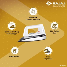 Bajaj Plastic Popular Plus 750W Dry Iron with Advance Soleplate and Anti-Bacterial German Coating Technology, White, 750 Watts