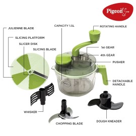 Pigeon Tornado Turbo Manual Chopper 1.5 L Used for Chopping,Atta Kneader,Slicing,Shredding and Whipping-Green,Large